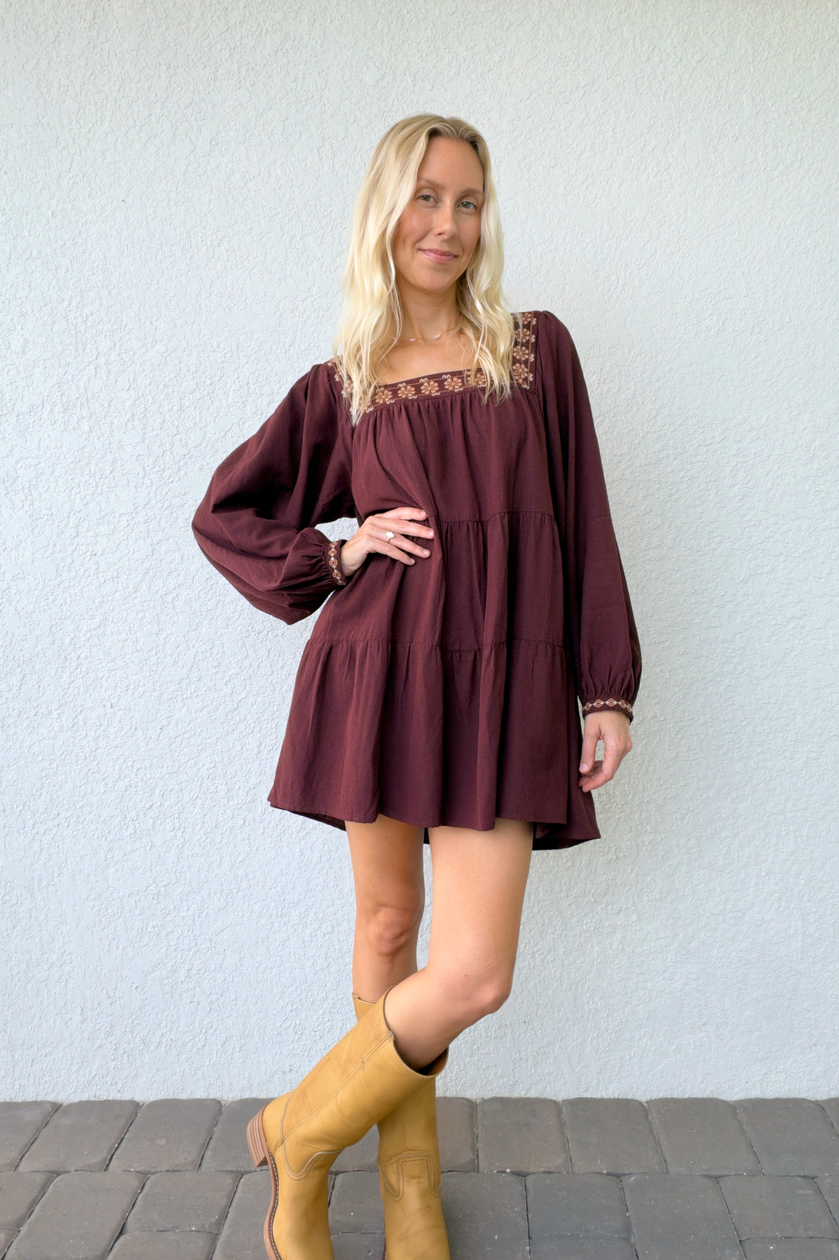 Burgundy Square Neck Tiered Mini Dress Floral Embroidery