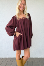 Burgundy Square Neck Tiered Mini Dress Floral Embroidery