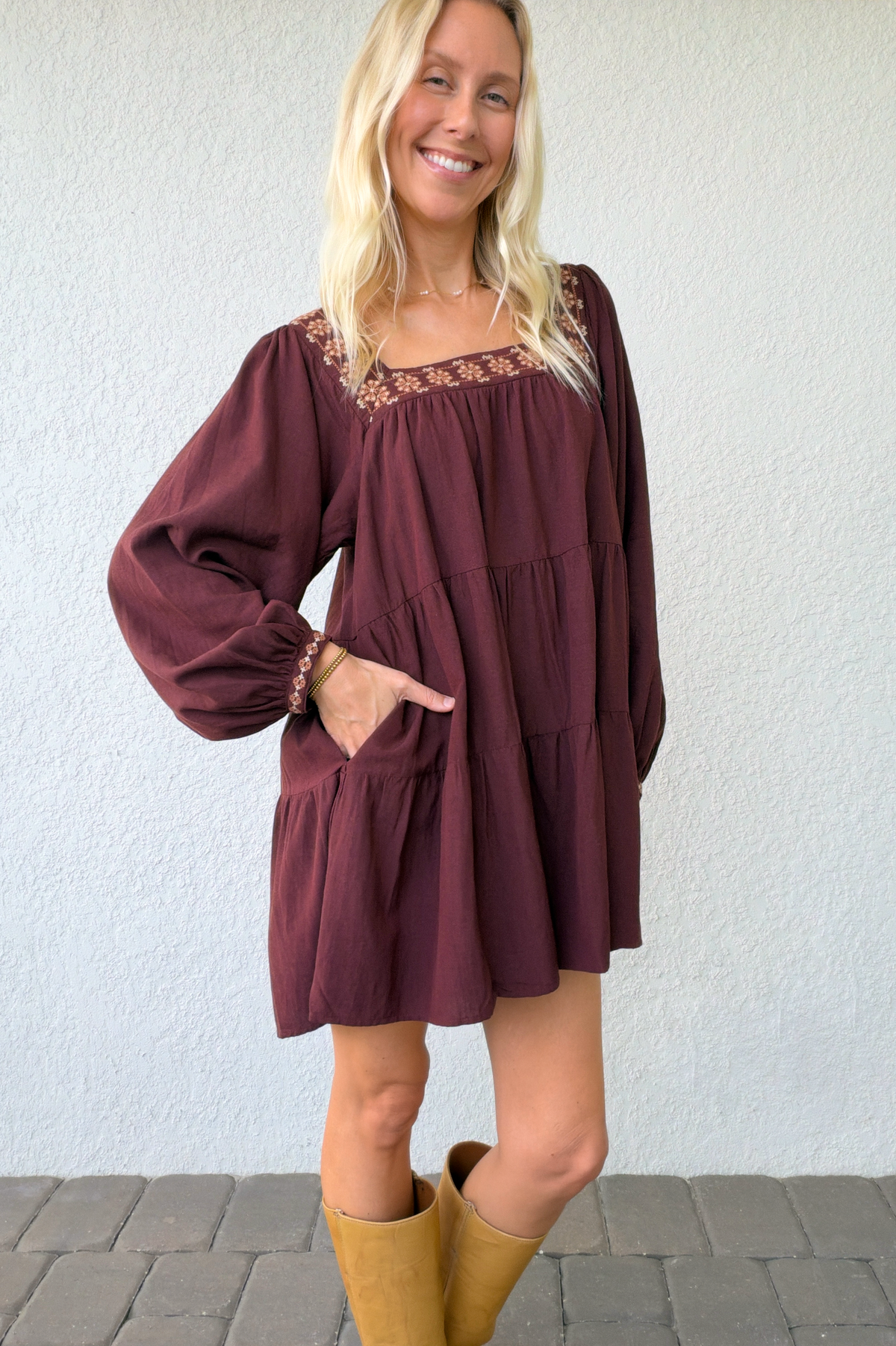 Burgundy Square Neck Tiered Mini Dress Floral Embroidery