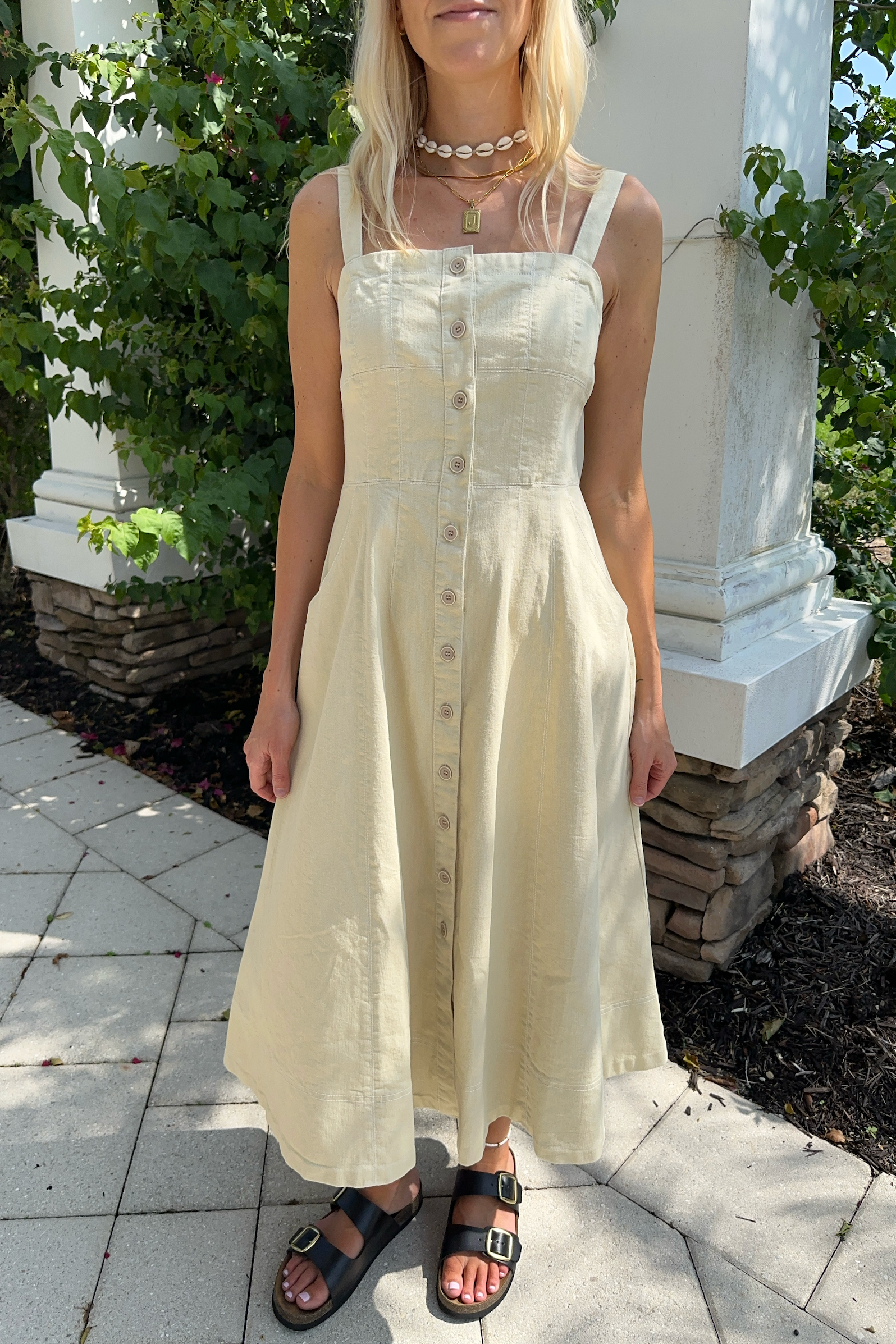 Button Front Sleeveless Midi Dress