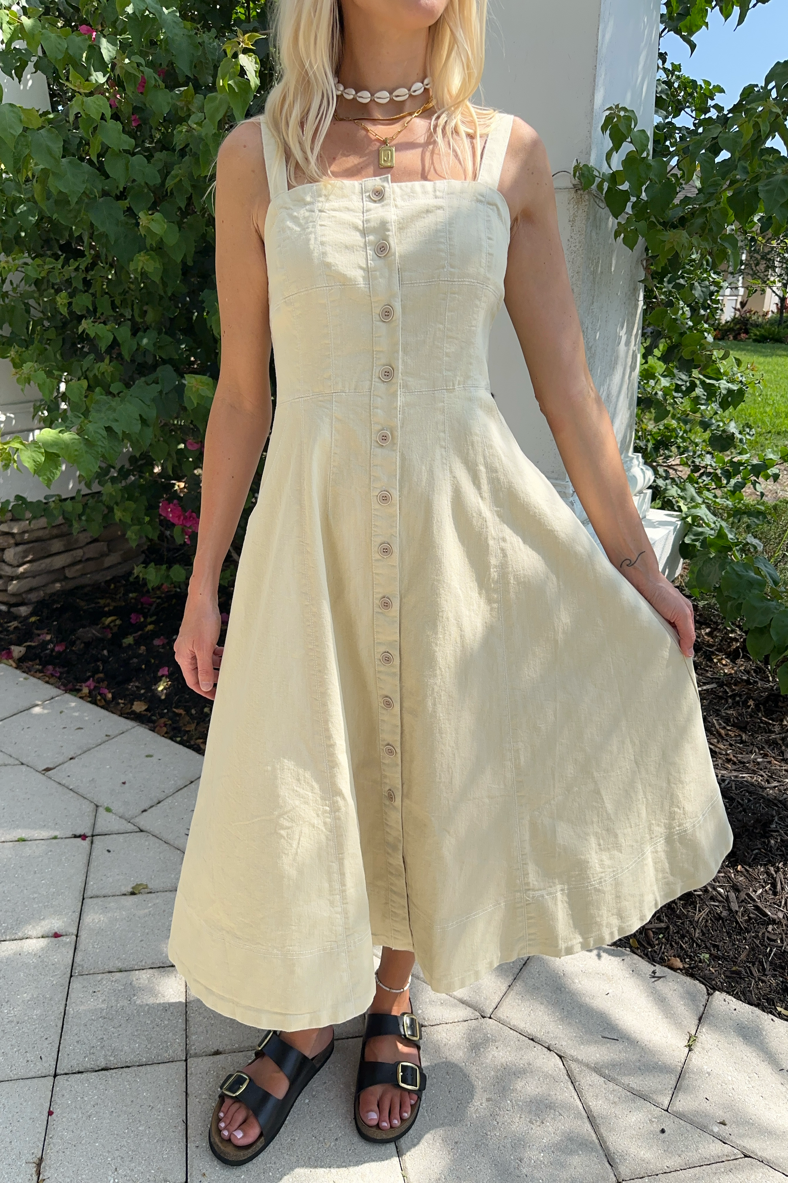 Button Front Sleeveless Midi Dress