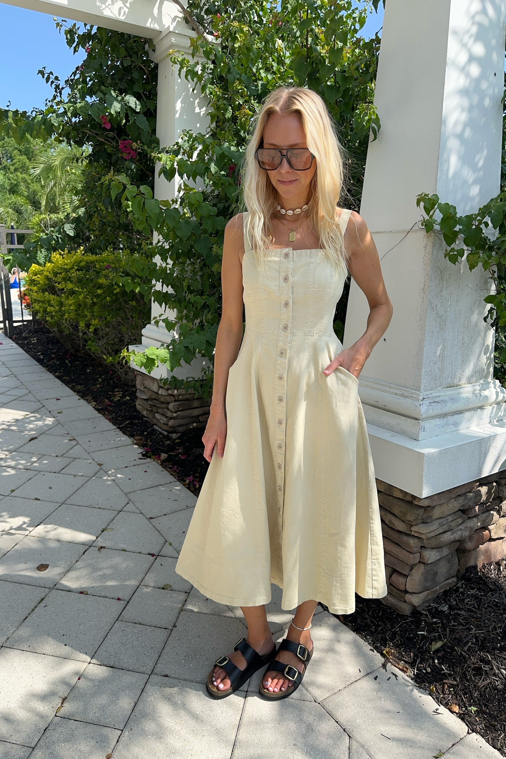 Button Front Sleeveless Midi Dress