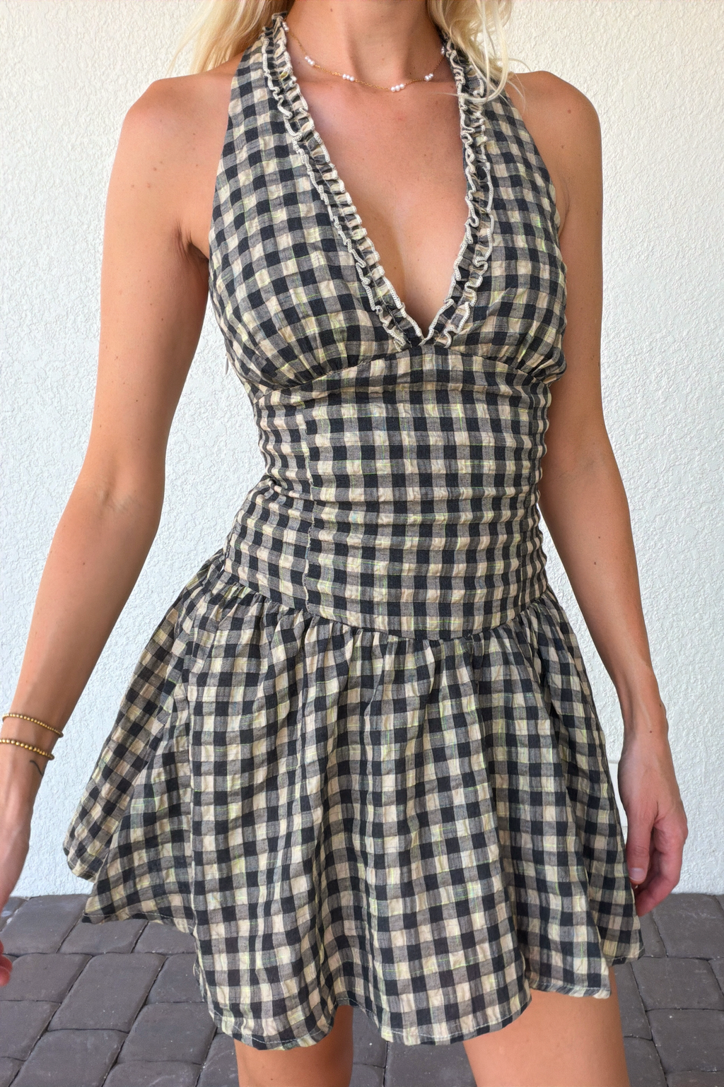 Checker Plaid Halter Mini Dress