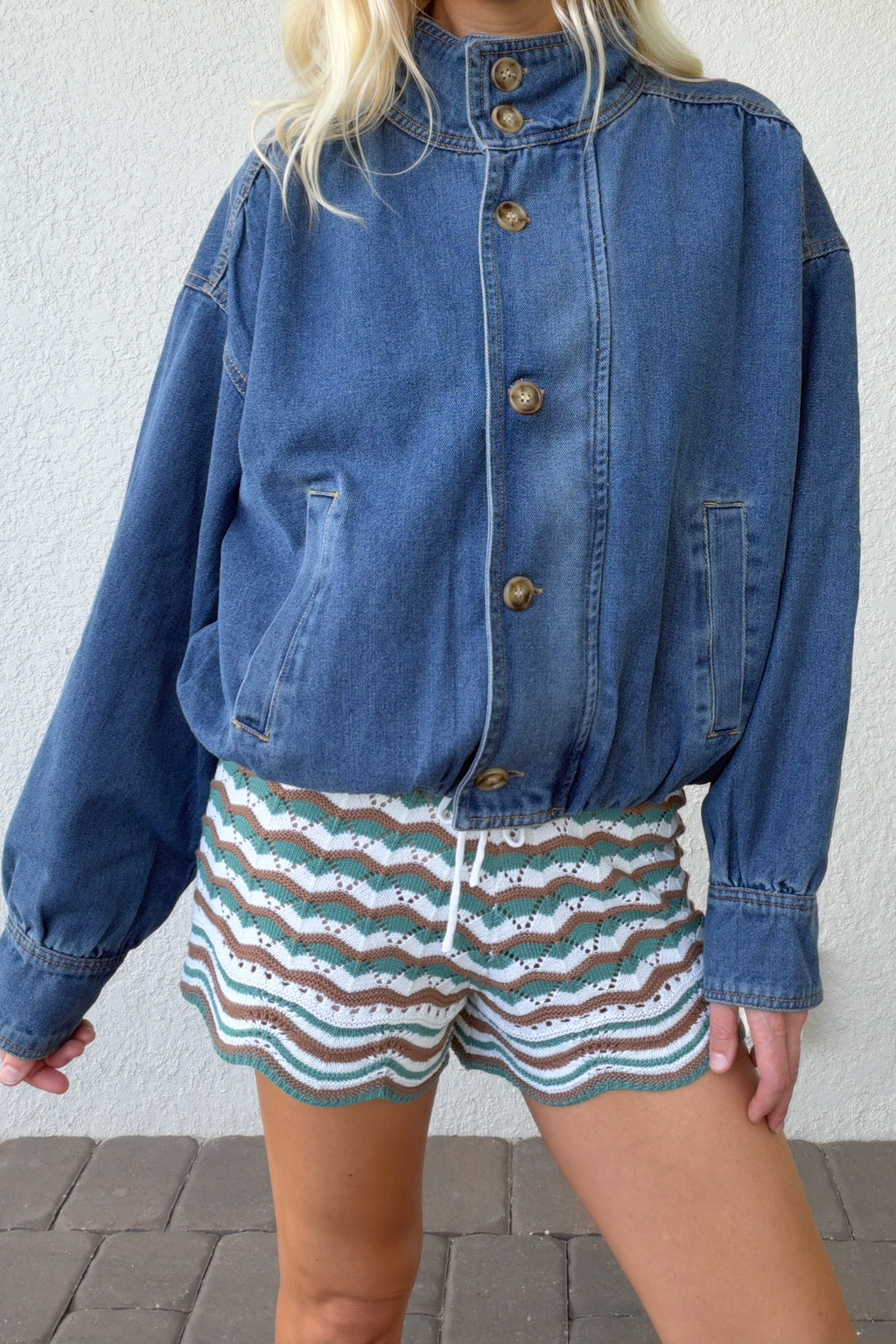 Funnel Neck Denim Bomber Jacket