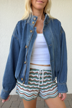 Funnel Neck Denim Bomber Jacket