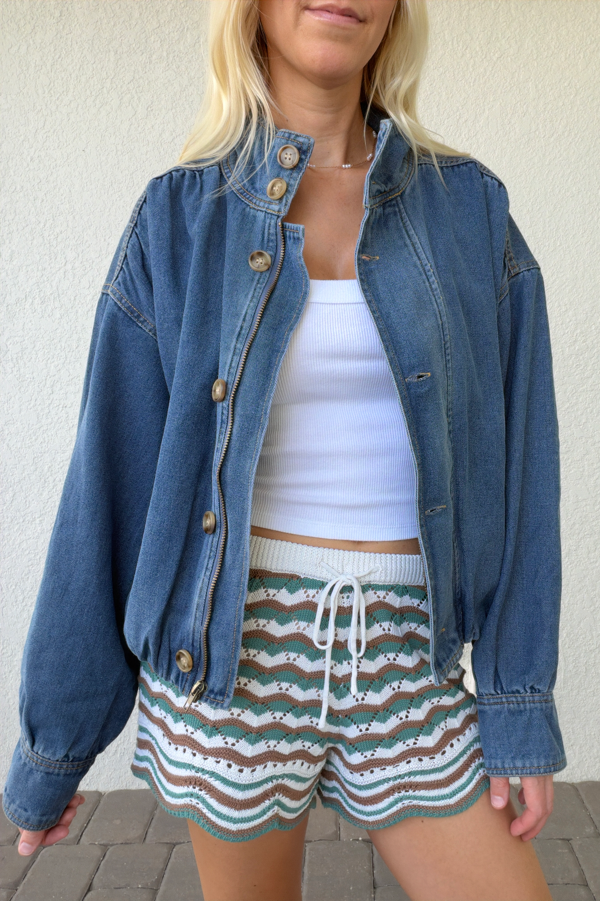 Funnel Neck Denim Bomber Jacket