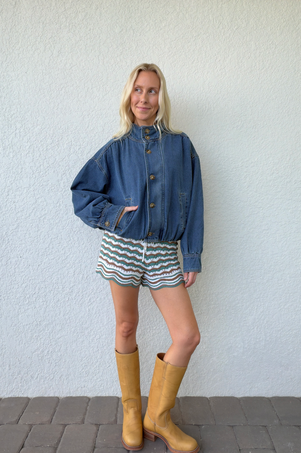 Funnel Neck Denim Bomber Jacket
