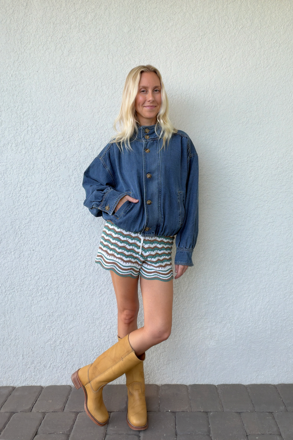 Funnel Neck Denim Bomber Jacket