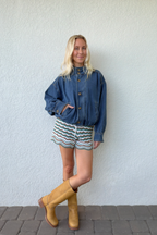 Funnel Neck Denim Bomber Jacket