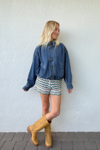 Funnel Neck Denim Bomber Jacket