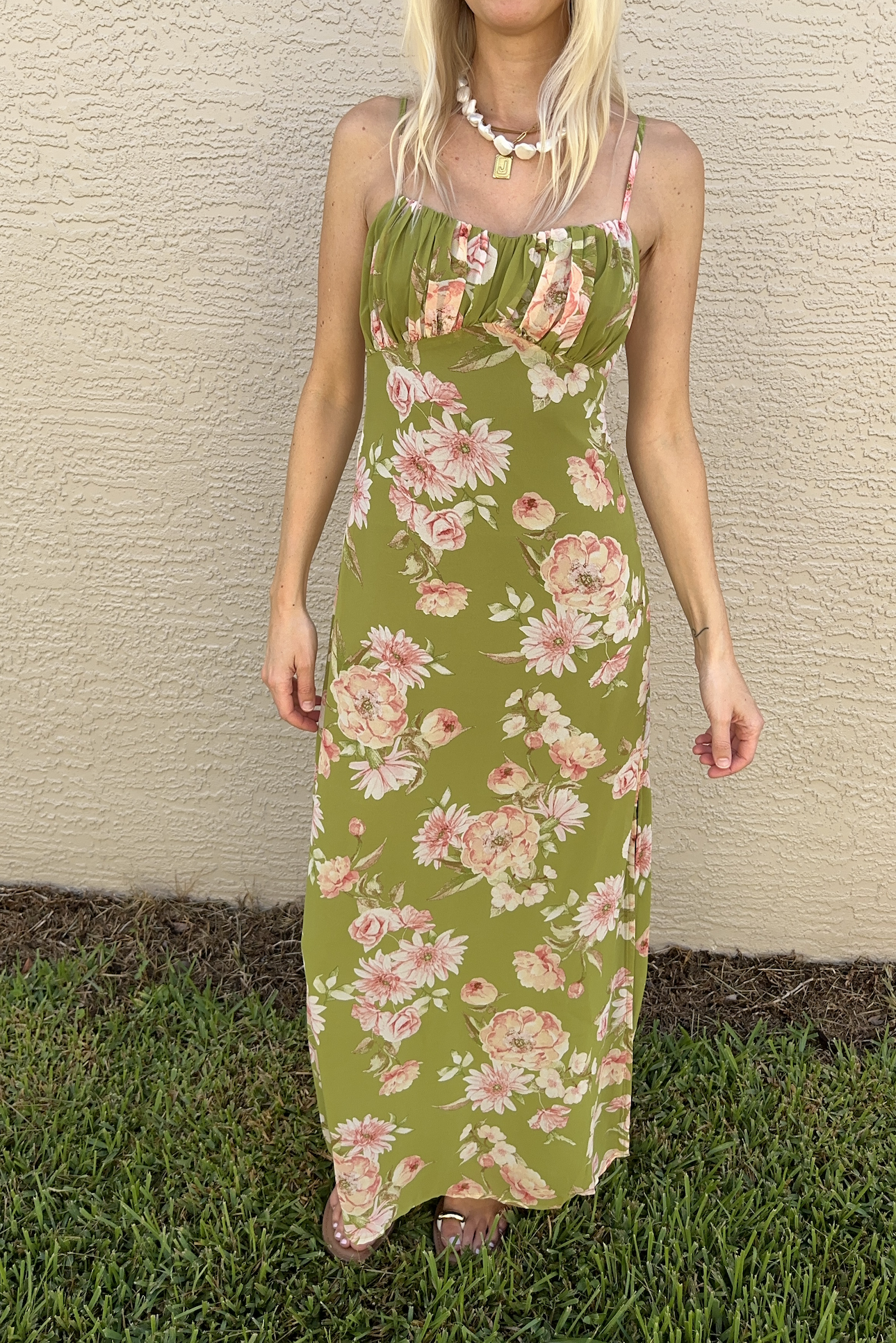 Green & Pink Floral Maxi Sleeveless Dress