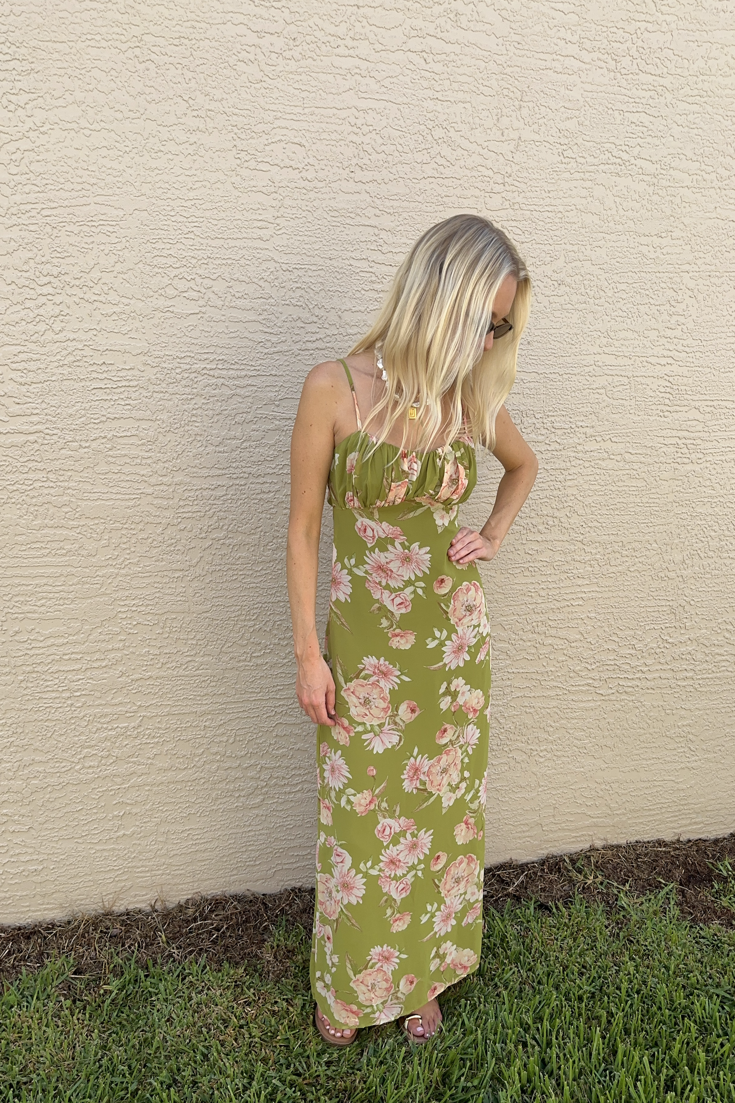 Green & Pink Floral Maxi Sleeveless Dress