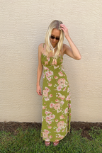 Green & Pink Floral Maxi Sleeveless Dress
