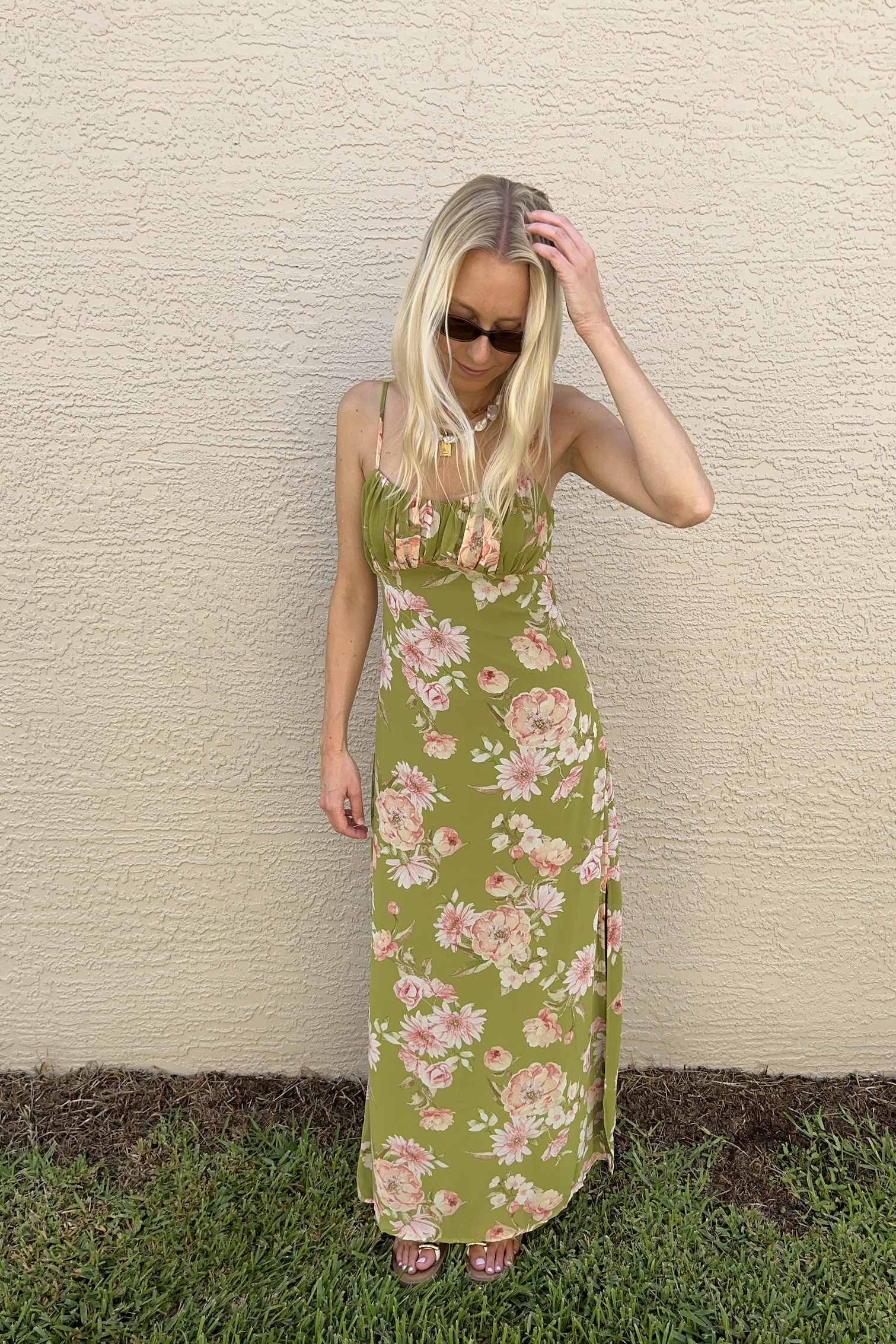Green & Pink Floral Maxi Sleeveless Dress