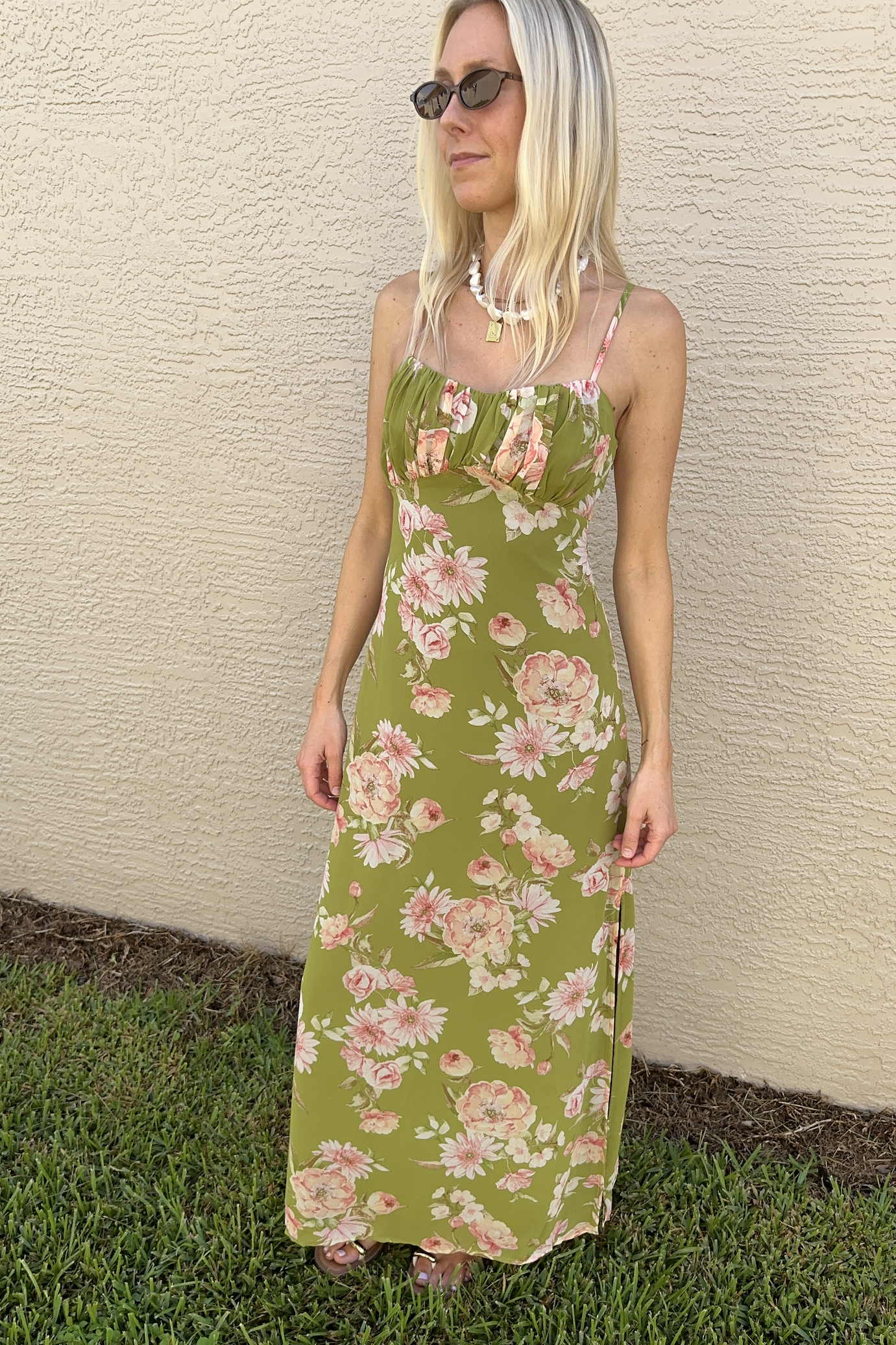 Green & Pink Floral Maxi Sleeveless Dress
