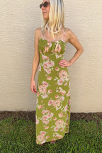 Green & Pink Floral Maxi Sleeveless Dress
