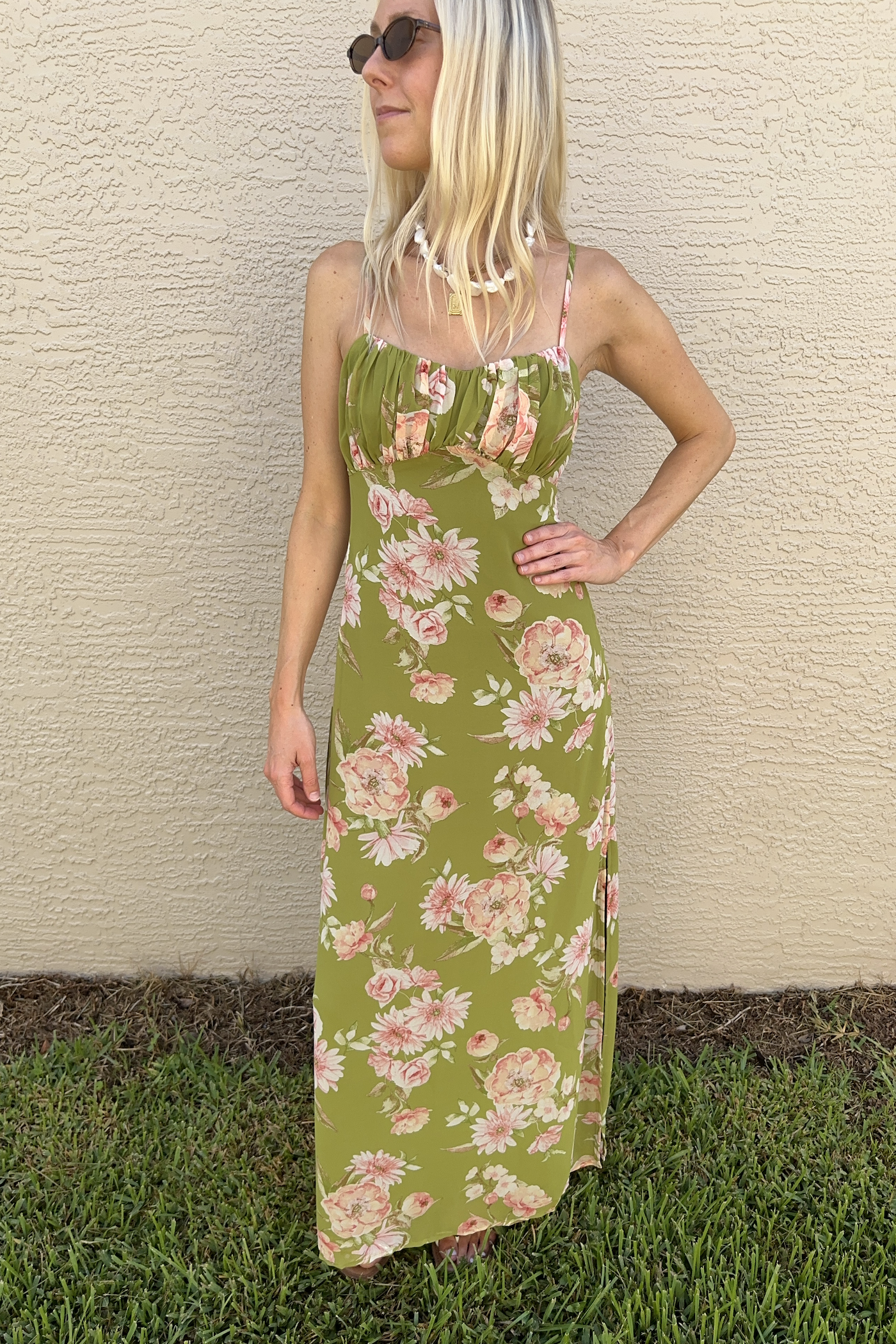 Green & Pink Floral Maxi Sleeveless Dress