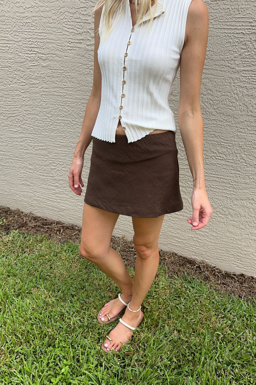 Brown Low Rise Linen Mini Skort