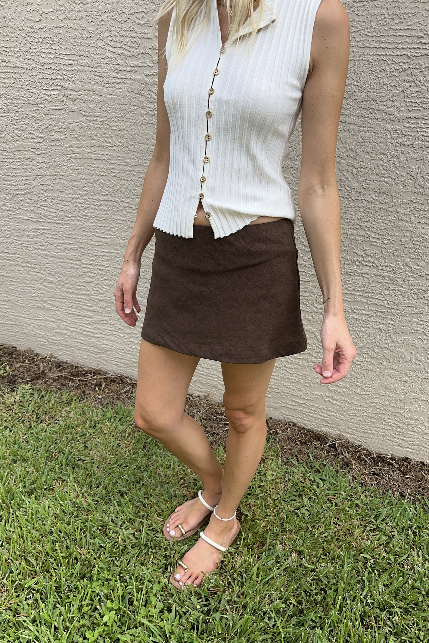 Brown Low Rise Linen Mini Skort
