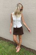 Brown Low Rise Linen Mini Skort