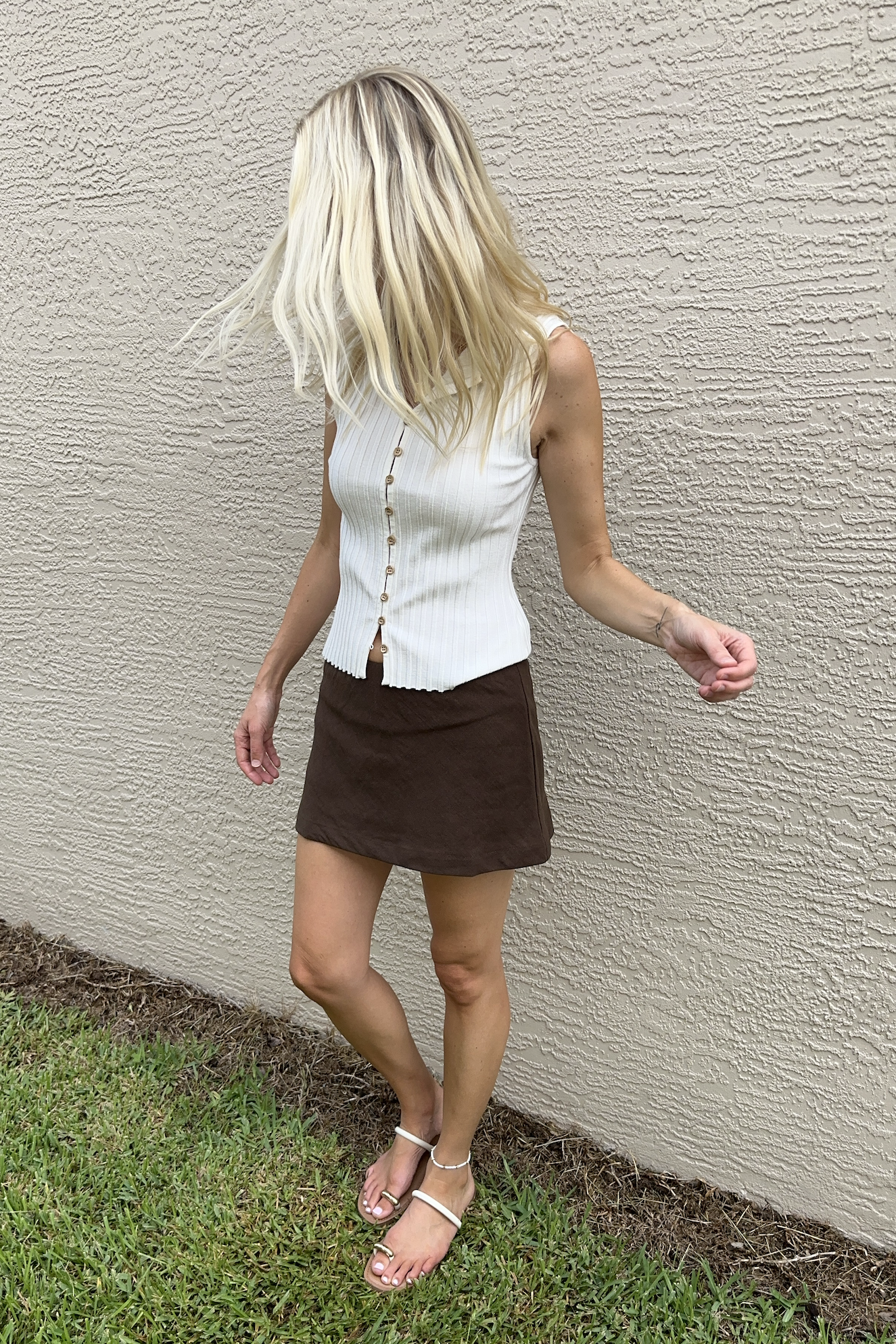 Brown Low Rise Linen Mini Skort