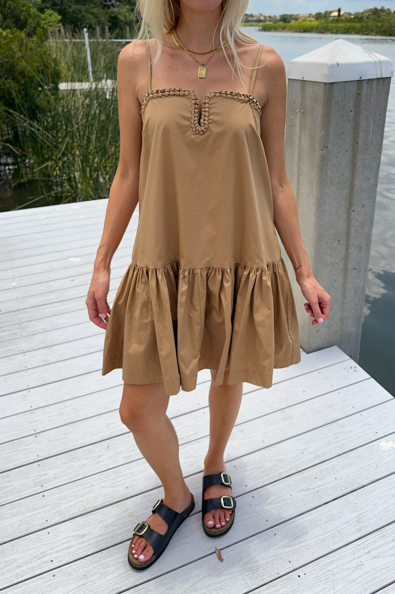 Mocha Sleeveless Flounce Dress