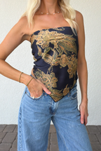 Navy Gold Paisley Satin Bandana Tube Top