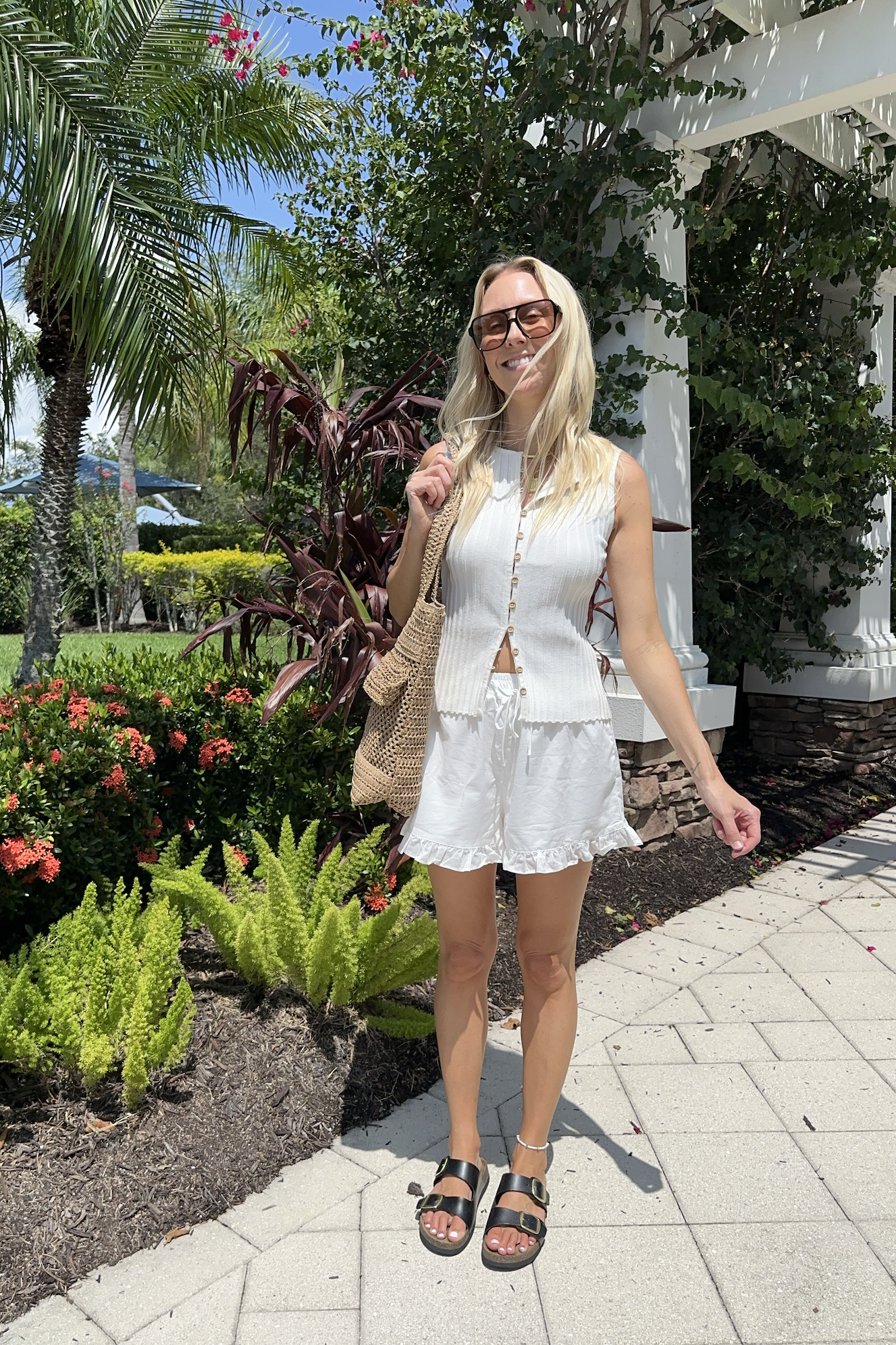 Off White Ribbed Sleeveless Button Front Top