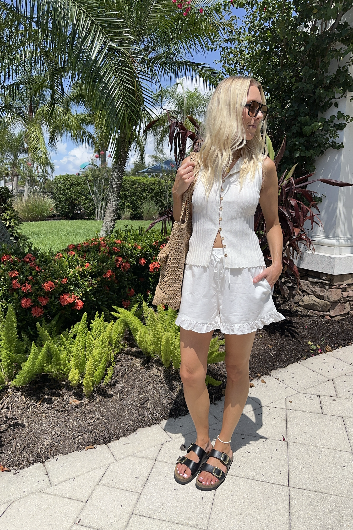 Off White Ribbed Sleeveless Button Front Top