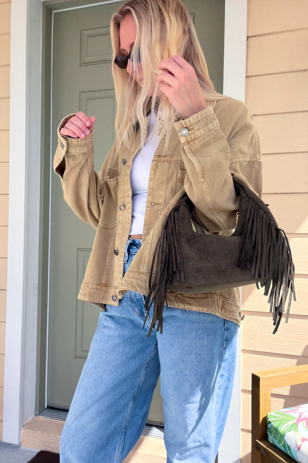 Olive Green Fringe Hobo Bag