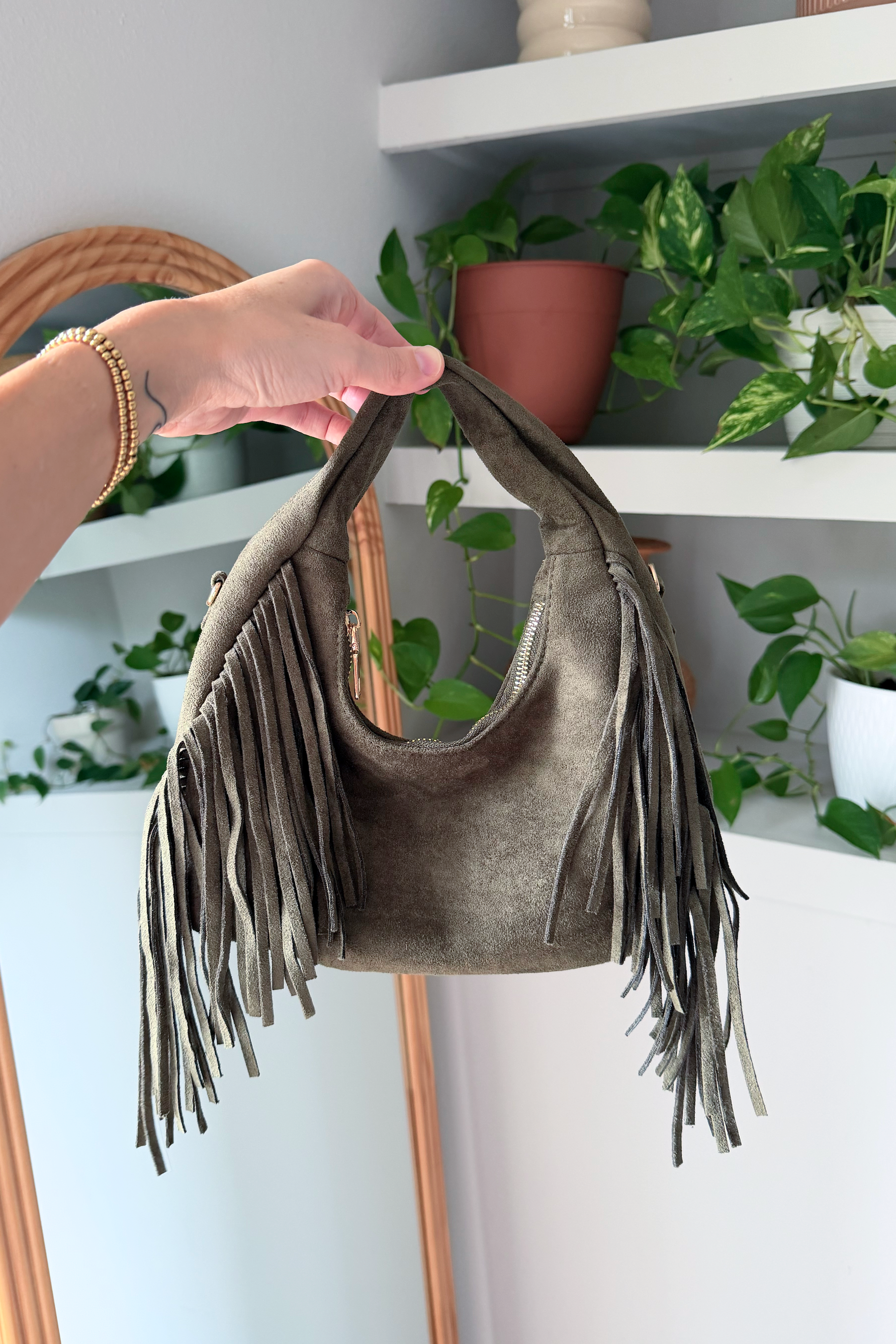 Olive Green Fringe Hobo Bag