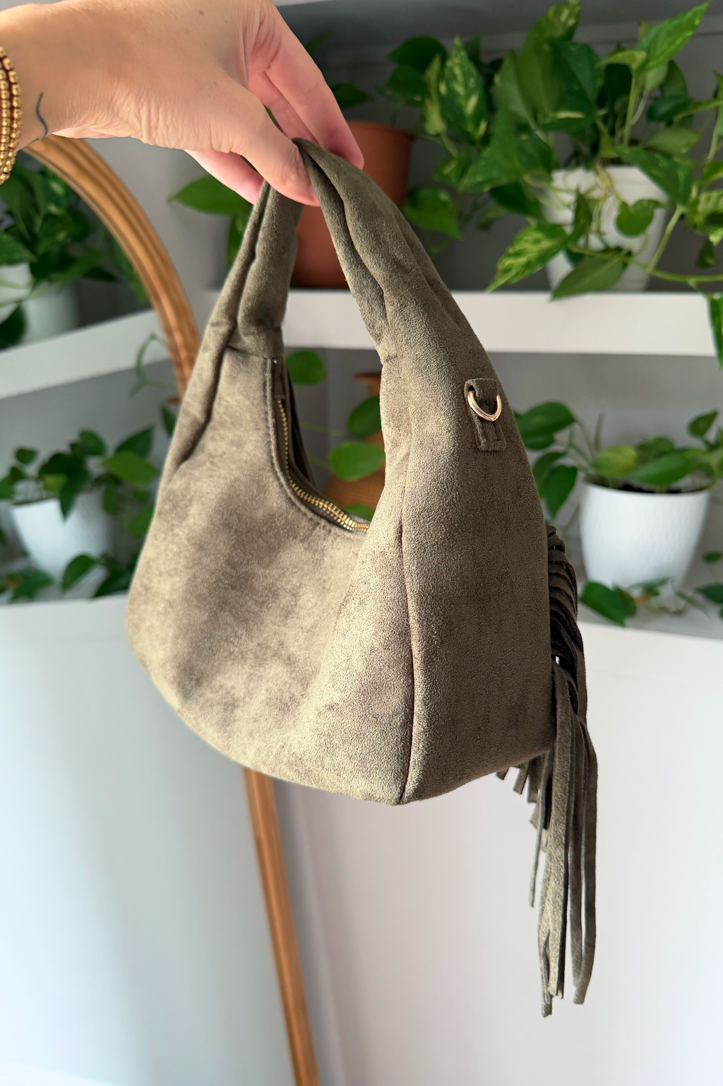 Olive Green Fringe Hobo Bag