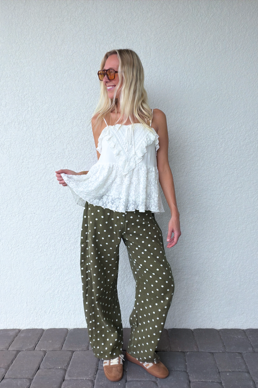 Olive Green Polka Dot Barrel Pants