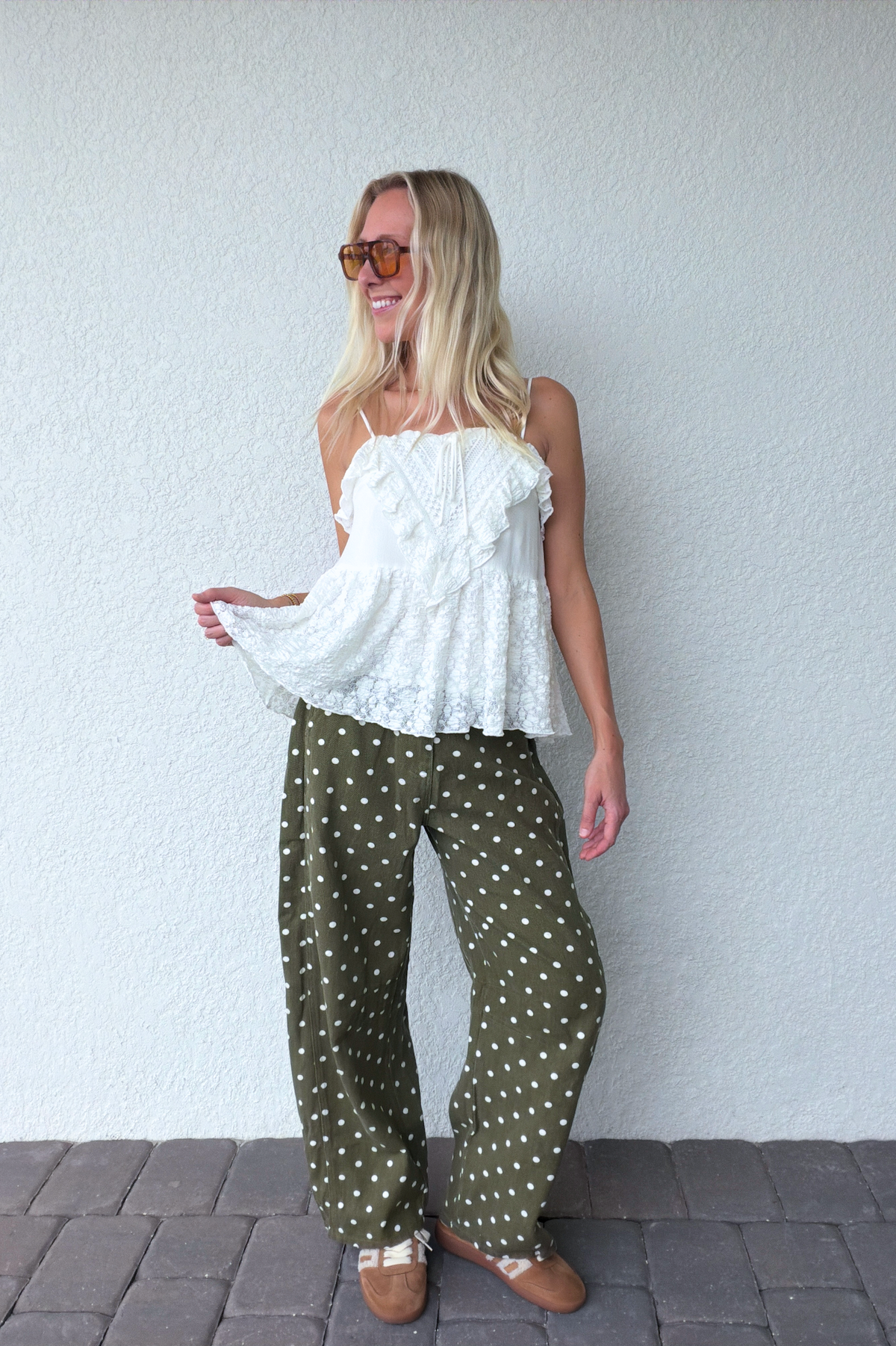 Olive Green Polka Dot Barrel Pants