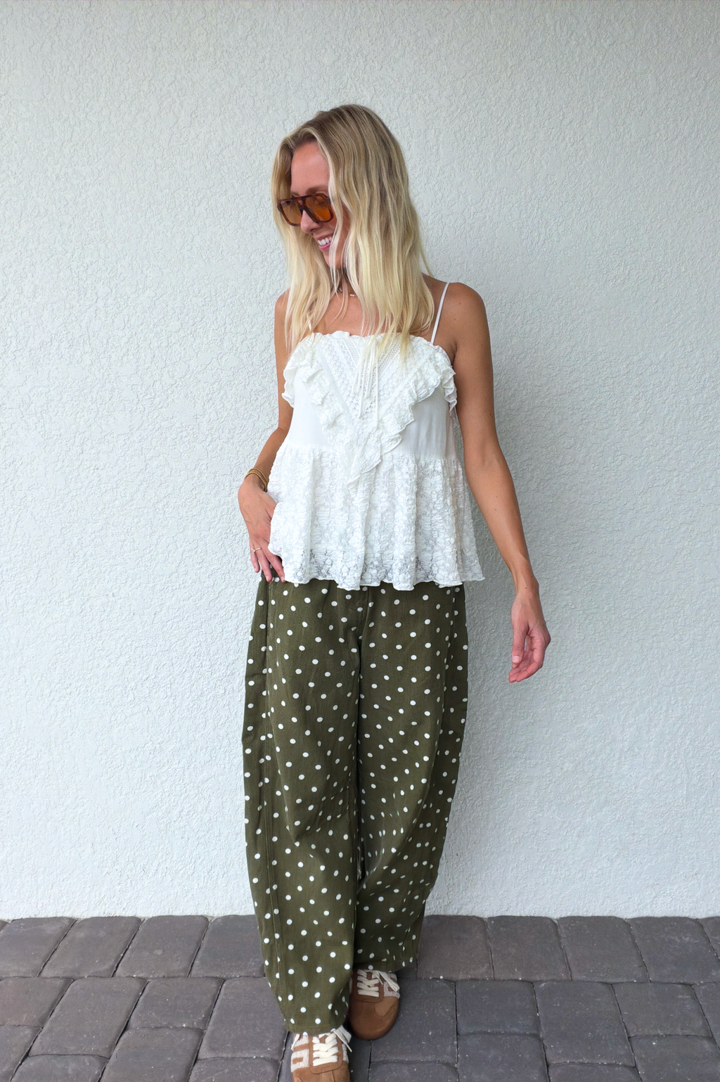 Olive Green Polka Dot Barrel Pants