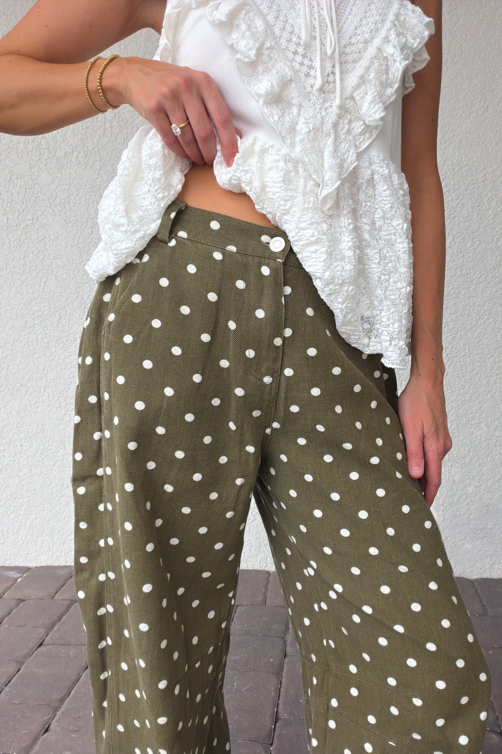 Olive Green Polka Dot Barrel Pants