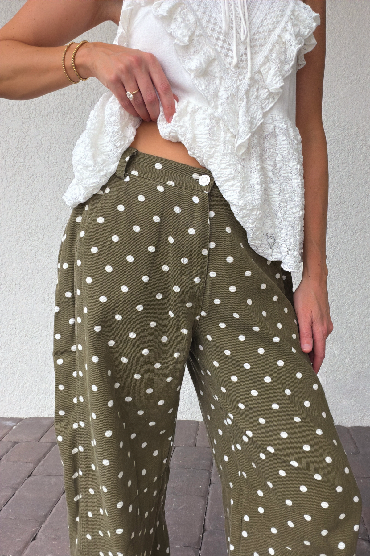 Olive Green Polka Dot Barrel Pants