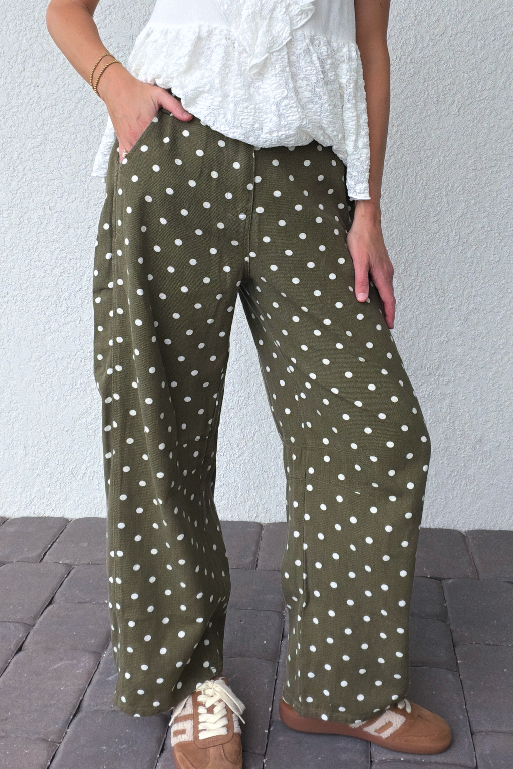 Olive Green Polka Dot Barrel Pants