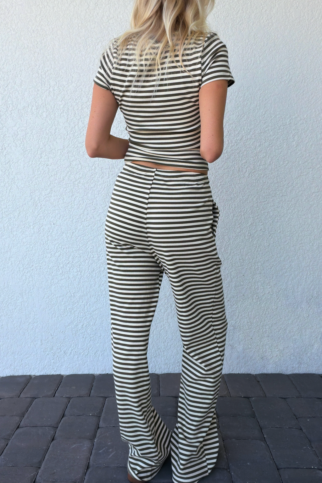 Olive Green Stripe Drawstring Knit Pants