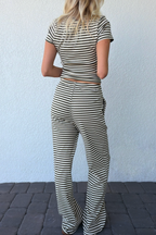 Olive Green Stripe Drawstring Knit Pants