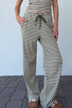 Olive Green Stripe Drawstring Knit Pants