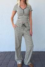 Olive Green Stripe Drawstring Knit Pants