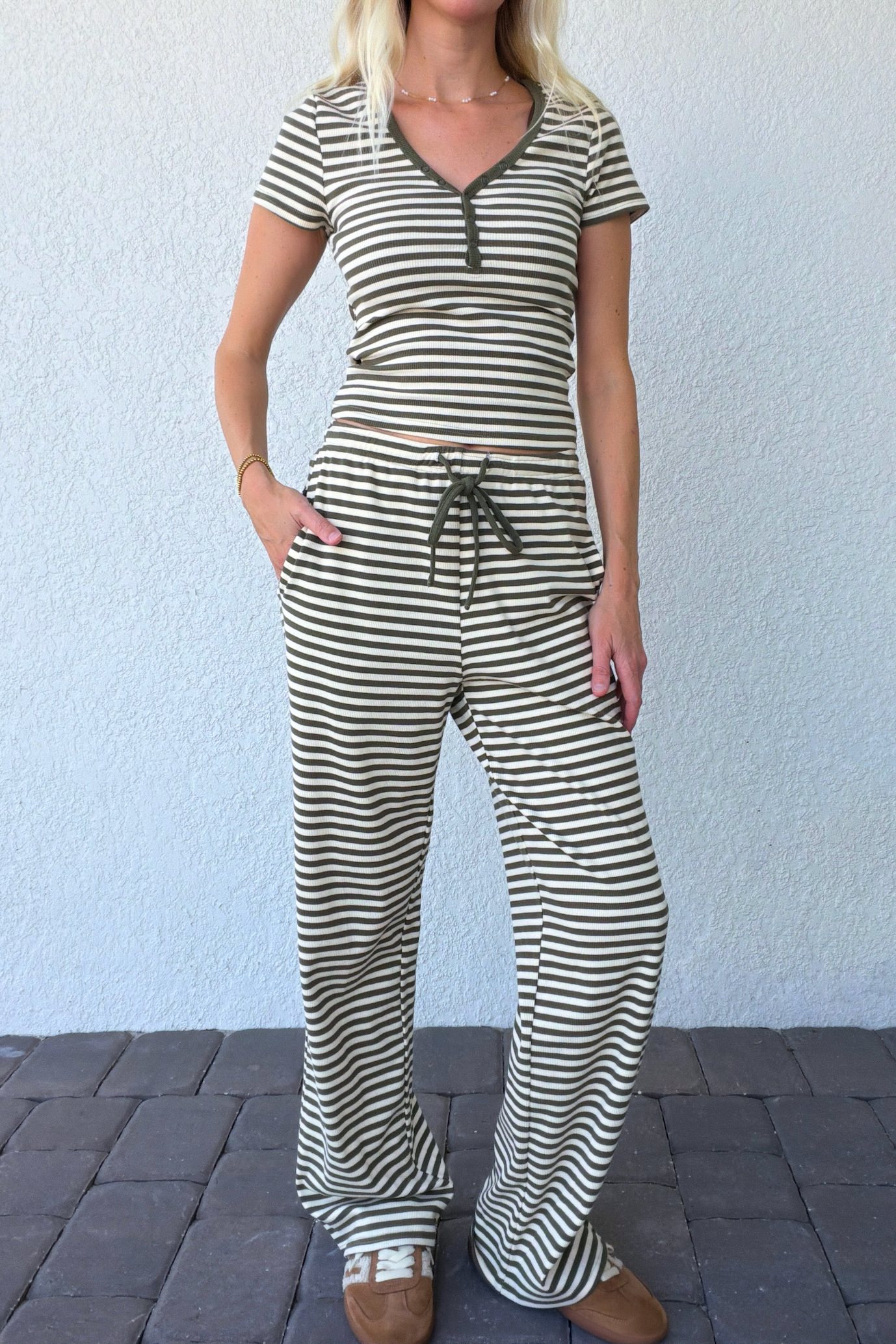 Olive Green Stripe Drawstring Knit Pants