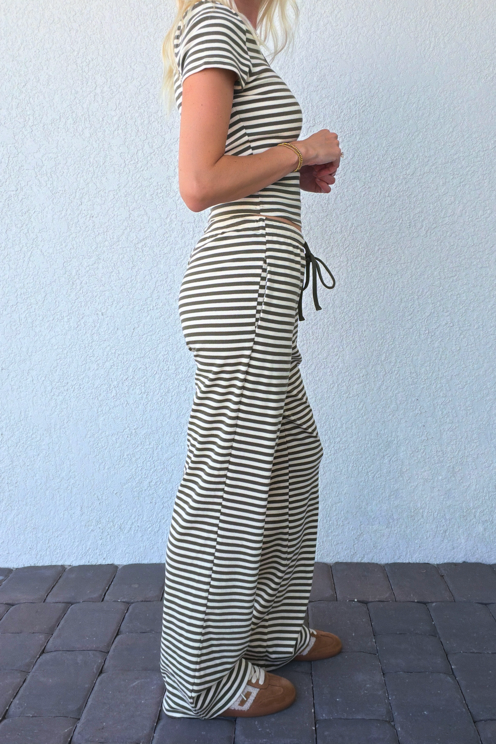 Olive Green Stripe Drawstring Knit Pants