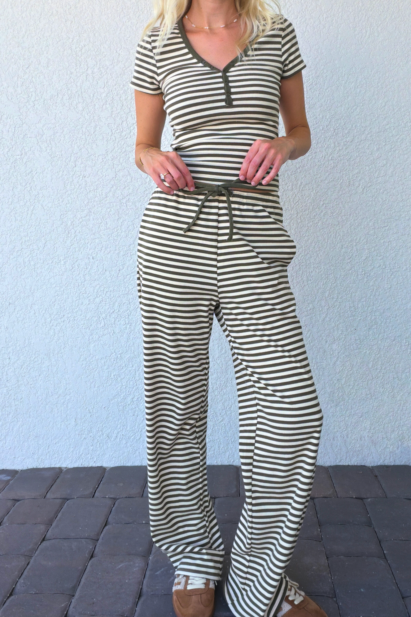 Olive Green Stripe Drawstring Knit Pants