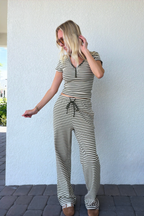 Olive Green Stripe Drawstring Knit Pants
