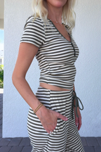 Olive Green Stripe Short Sleeve Henley Tee