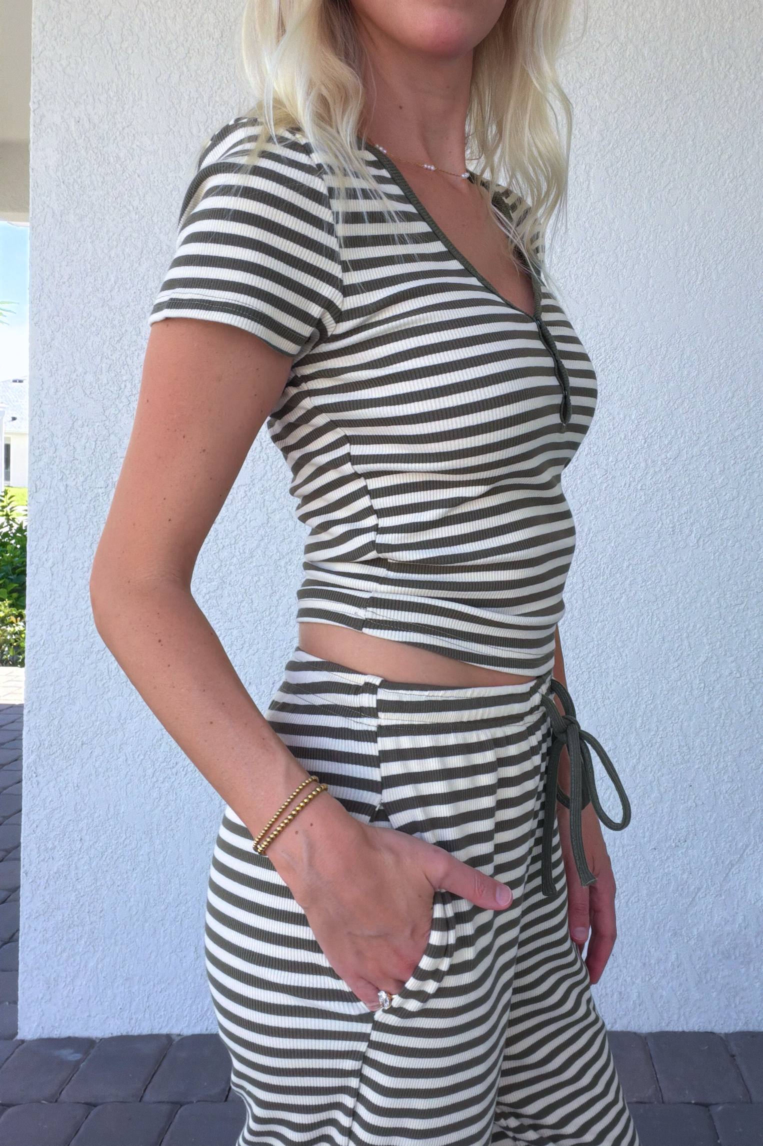 Olive Green Stripe Short Sleeve Henley Tee