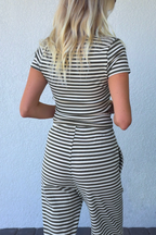 Olive Green Stripe Short Sleeve Henley Tee