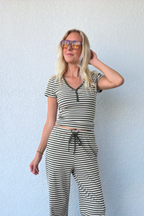 Olive Green Stripe Short Sleeve Henley Tee